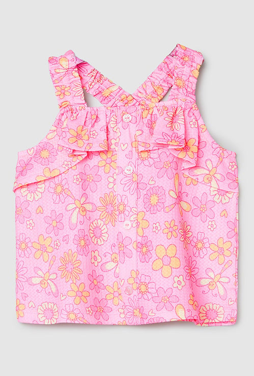 Girls Printed Top with Frill Straps