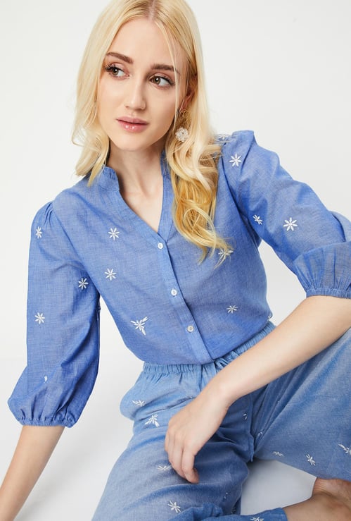 Women Embroidered Frill Collar Top