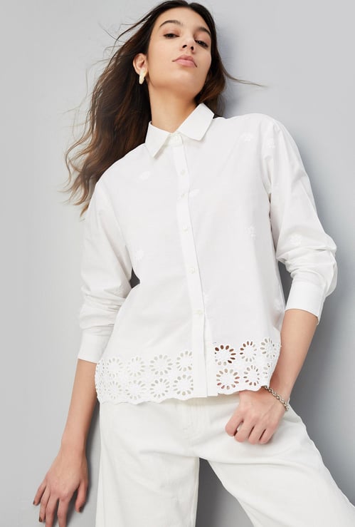 Women Embroidered Blouse with Schiffl Hem