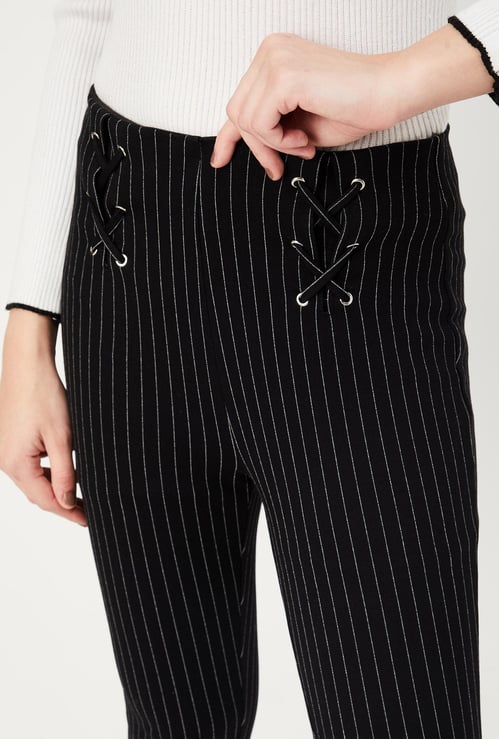 Women Striped Lace-Up Waist Trousers