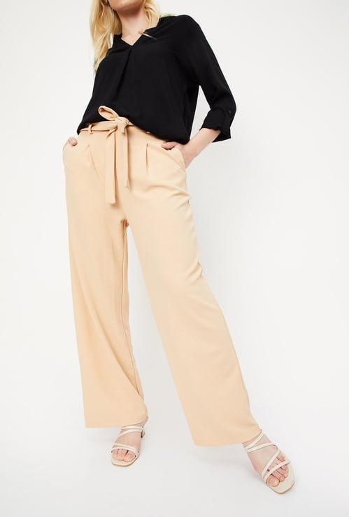 Women Solid Belted Wide Leg Trousers