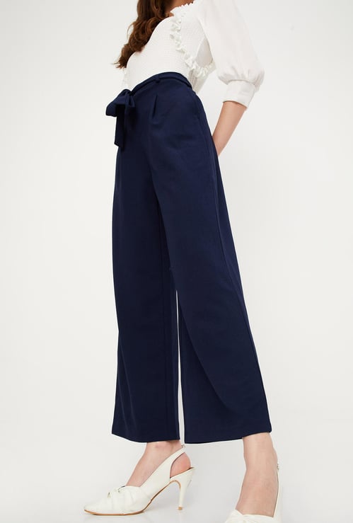 Women Solid Belted Wide Leg Trousers