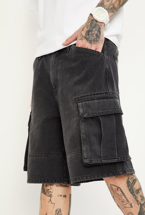 Men Washed Denim Shorts with Cargo Pockets