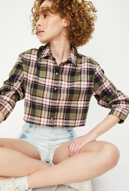 Women Checked Yarn Dyed Crop Shirt