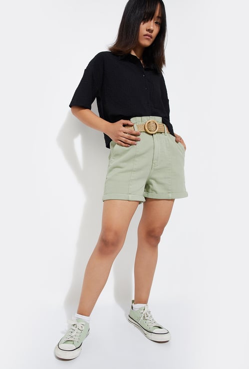 URB_N Women Solid Paperbag Waist Shorts