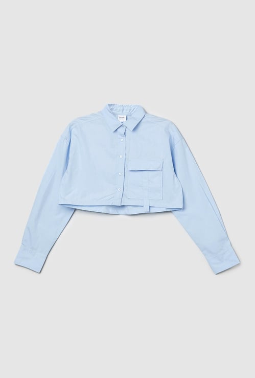 Girls Solid Flap Pocket Cropped Shirt