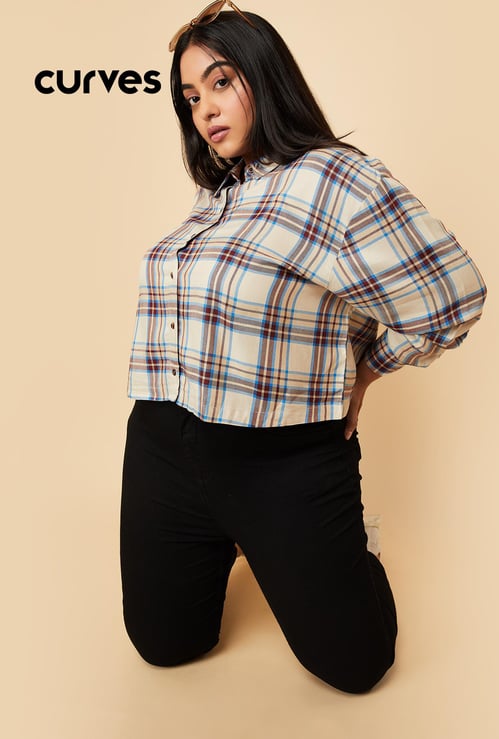 Women Checked Yarn Dyed Cropped Shirt