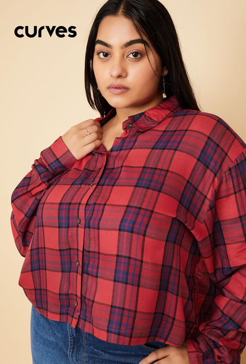 Women Checked Yarn Dyed Cropped Shirt