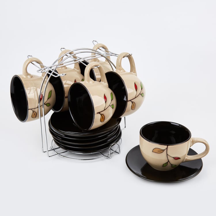 Caraway Set of 6 Stoneware Cups and Saucers with Stand - 220ml