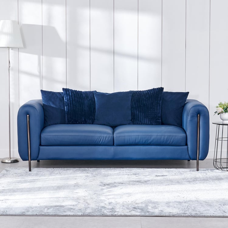 Sapphire Half Leather 3-Seater Sofa with Cushions - Blue