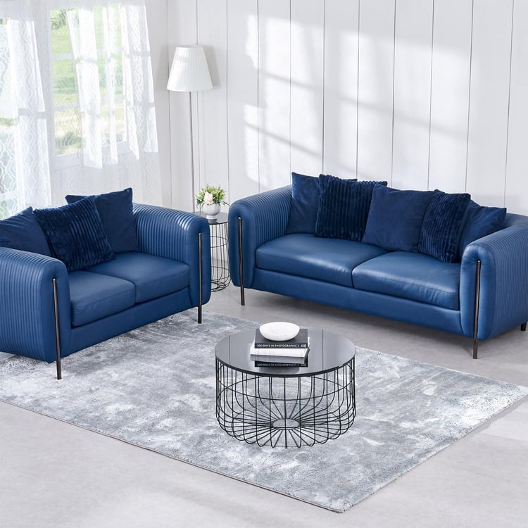 Sapphire Half Leather 3+2 Seater Sofa Set with Cushions - Blue