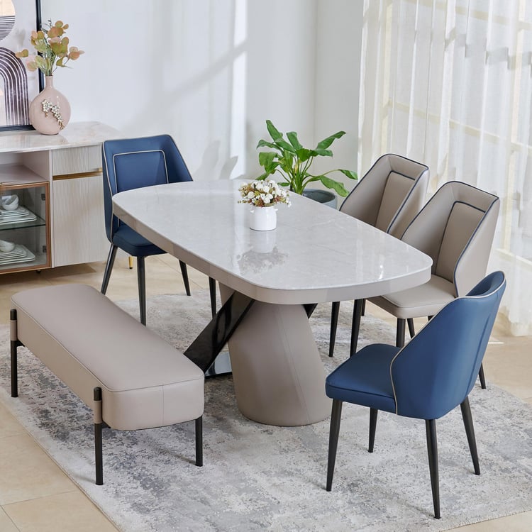 Marcello Glass Top 6-Seater Dining Set With Chairs and Bench - Grey and Blue