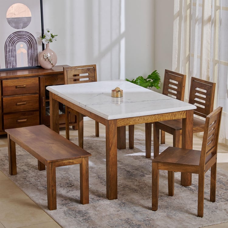 Adana Marble Top 6-Seater Dining Set with Chairs and Bench - Brown