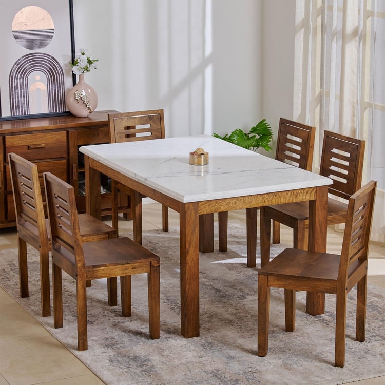 Adana Marble Top 6-Seater Dining Table Set with Chairs - Brown