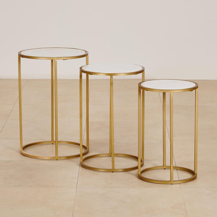 (Refurbished) Montford Marble Top Nest of 3 Tables - Gold