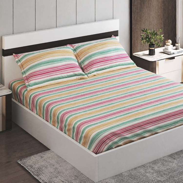 Rhapsody Cotton 144TC Striped 3Pcs King Fitted Bedsheet Set