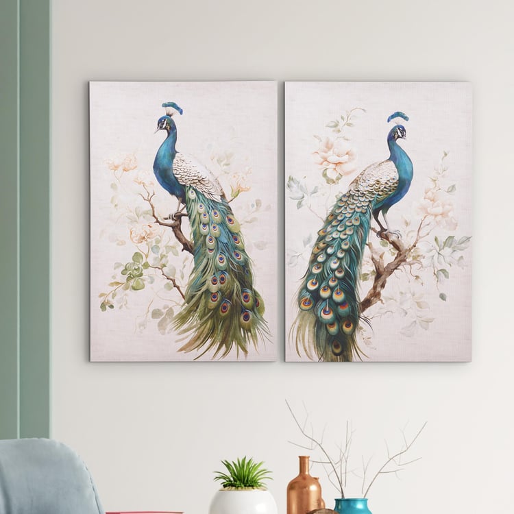 Brezza Monarch Set of 2 Canvas Peacock on Branches Picture Frames - 60x40cm