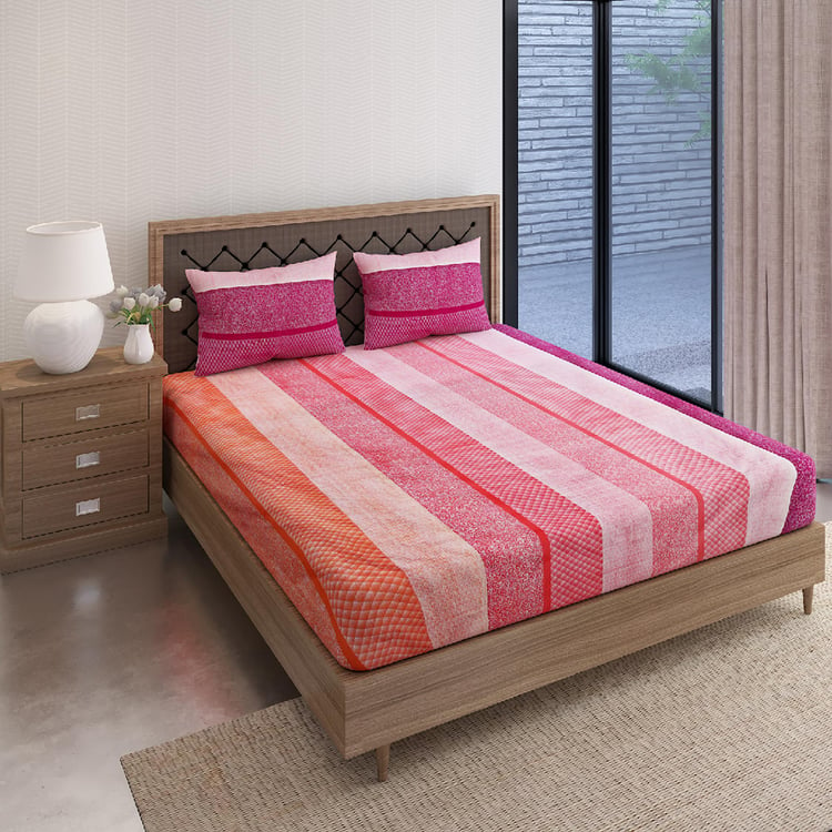 SWAYAM Fuchsia Flux Vibrant Stripe Cotton Queen Bedsheet Set