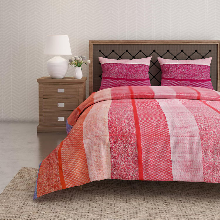 SWAYAM Fuchsia Flux Vibrant Stripe Cotton Queen Bedsheet Set