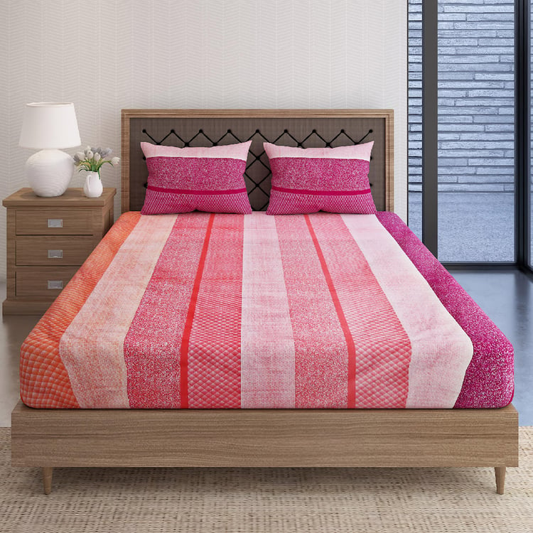 SWAYAM Fuchsia Flux Vibrant Stripe Cotton Queen Bedsheet Set