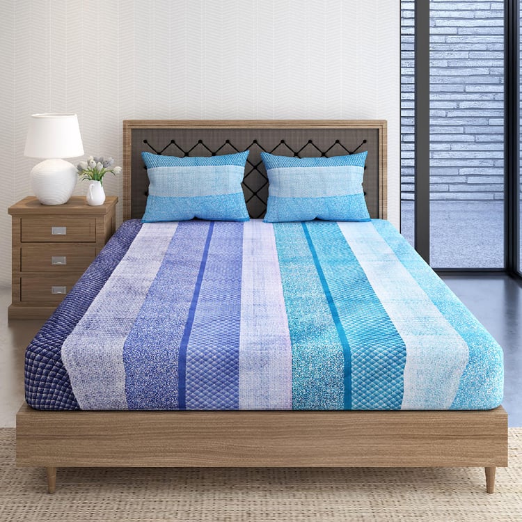 SWAYAM Azure Rhythm Serene Cotton 160TC Striped 3Pcs Queen Bedsheet Set