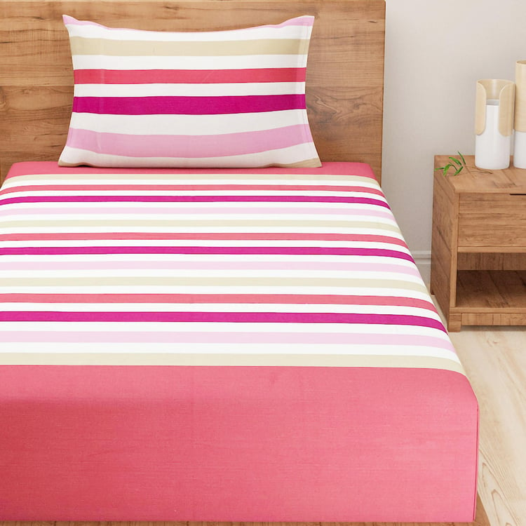 SWAYAM Soft Blush Stripes Yarn-Dyed Cotton 2Pcs Single Bedsheet Set