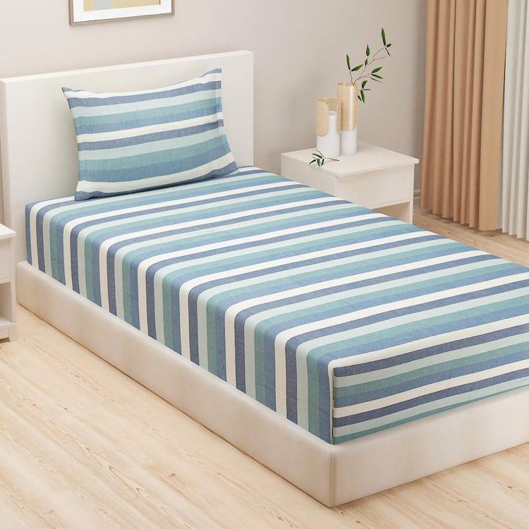 SWAYAM Aqua Stripes Oceanic Calm Cotton 2Pcs Single Bedsheet Set