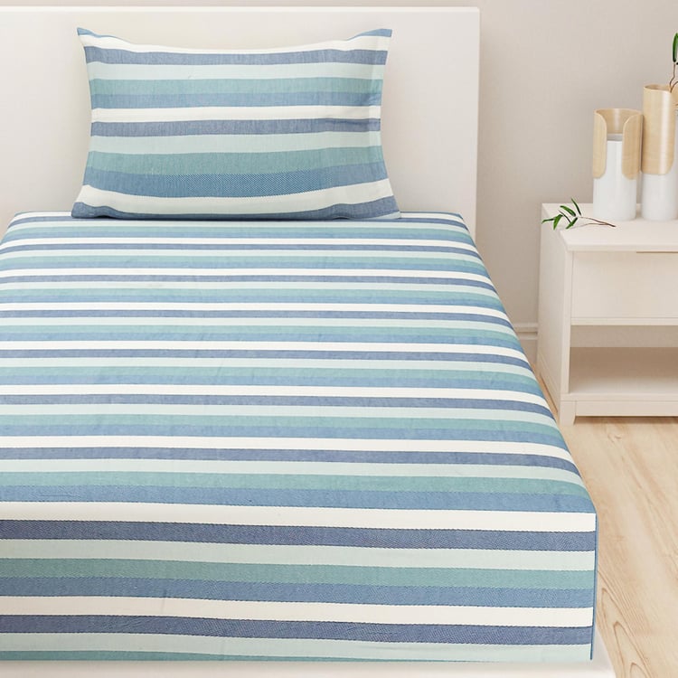 SWAYAM Aqua Stripes Oceanic Calm Cotton 2Pcs Single Bedsheet Set