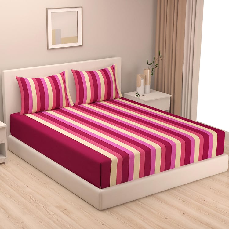 SWAYAM Pink Panache Yarn-Dyed Striped Cotton Queen Bedsheet Set