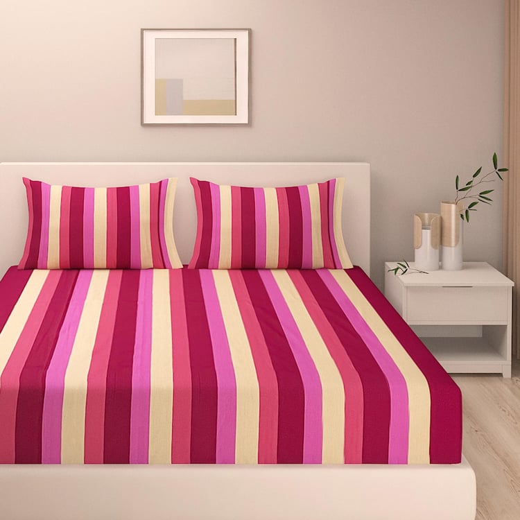 SWAYAM Pink Panache Yarn-Dyed Striped Cotton Queen Bedsheet Set