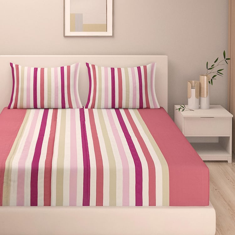 SWAYAM Soft Blush Stripes Yarn-Dyed Cotton Queen Bedsheet Set