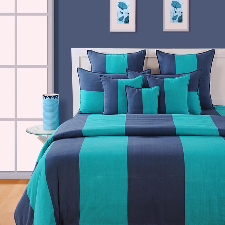 SWAYAM Coastal Current Yarn-Dyed Stripe Queen Bedsheet Set