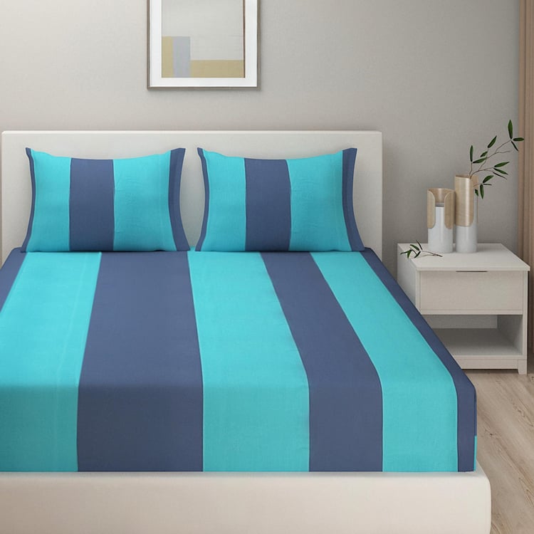 SWAYAM Coastal Current Yarn-Dyed Stripe Queen Bedsheet Set