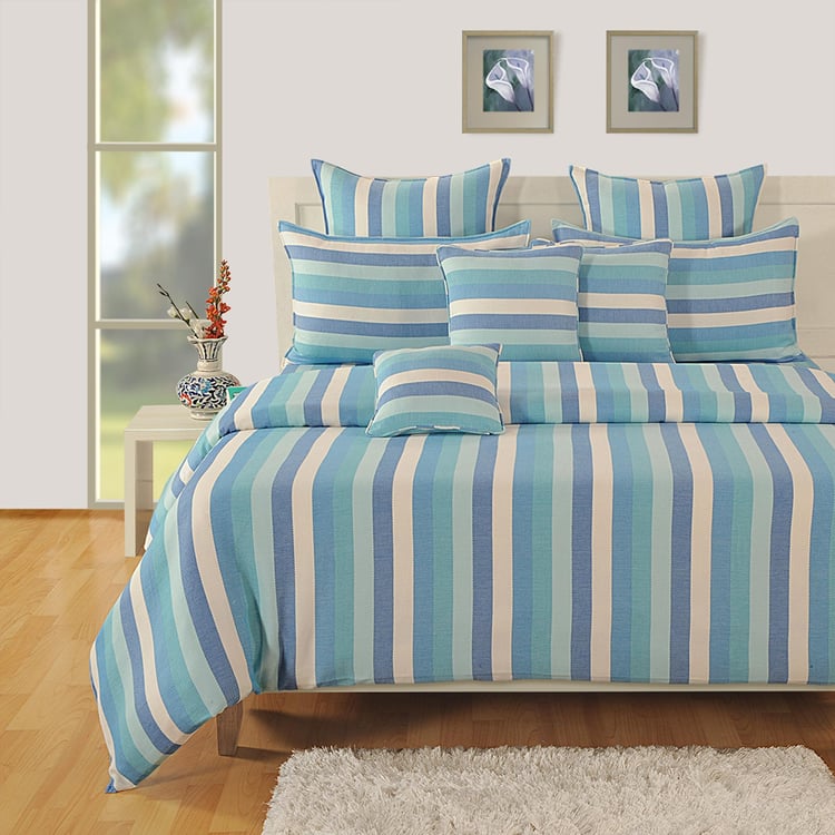 SWAYAM Aqua Oceanic Calm Cotton 240TC Striped Queen Bedsheet Set