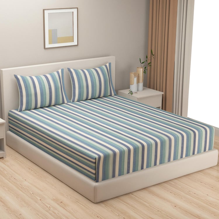 SWAYAM Aqua Oceanic Calm Cotton 240TC Striped Queen Bedsheet Set