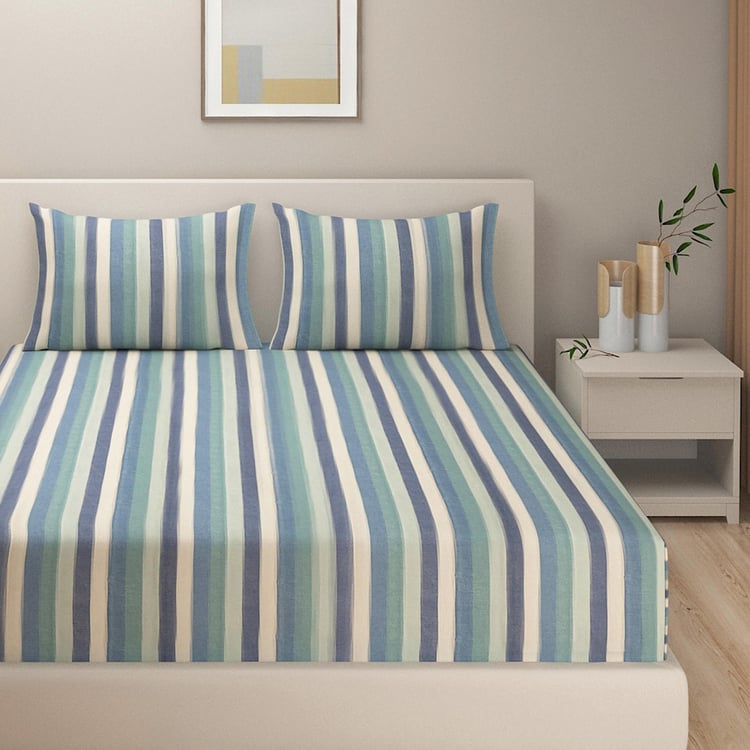 SWAYAM Aqua Oceanic Calm Cotton 240TC Striped Queen Bedsheet Set