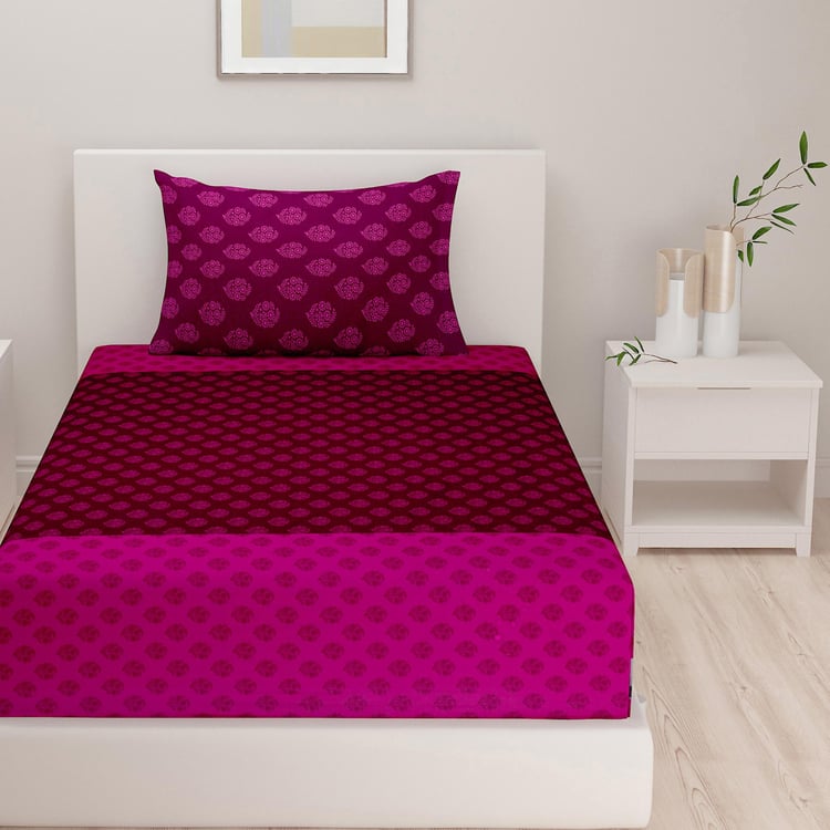 SWAYAM Magenta Mirage Ethnic Buti Cotton 200TC 2Pcs Single Bedsheet Set