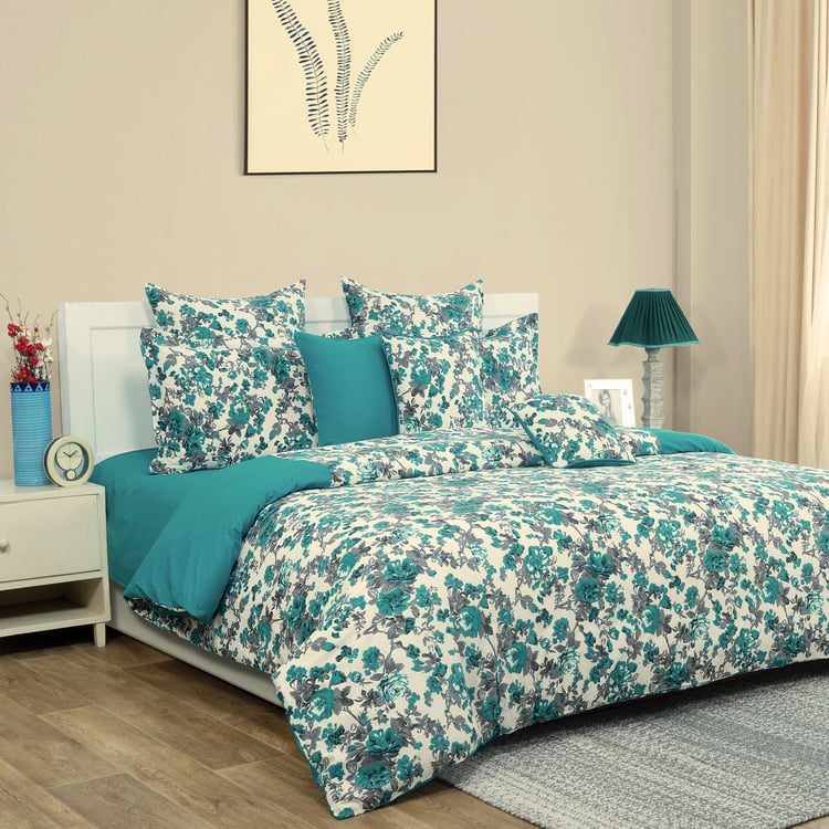 SWAYAM Teal Bloom Floral 200TC Cotton Queen Bedsheet Set