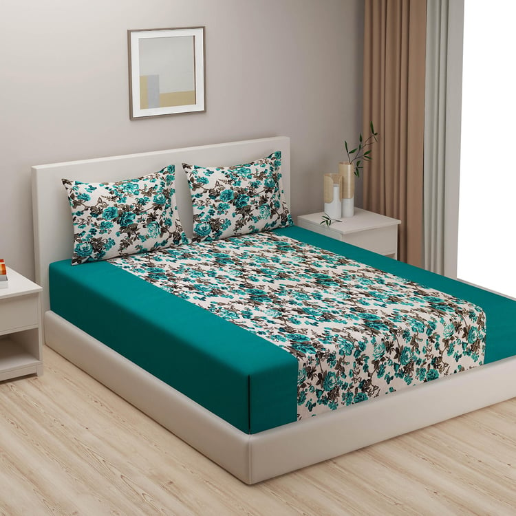 SWAYAM Teal Bloom Floral 200TC Cotton Queen Bedsheet Set