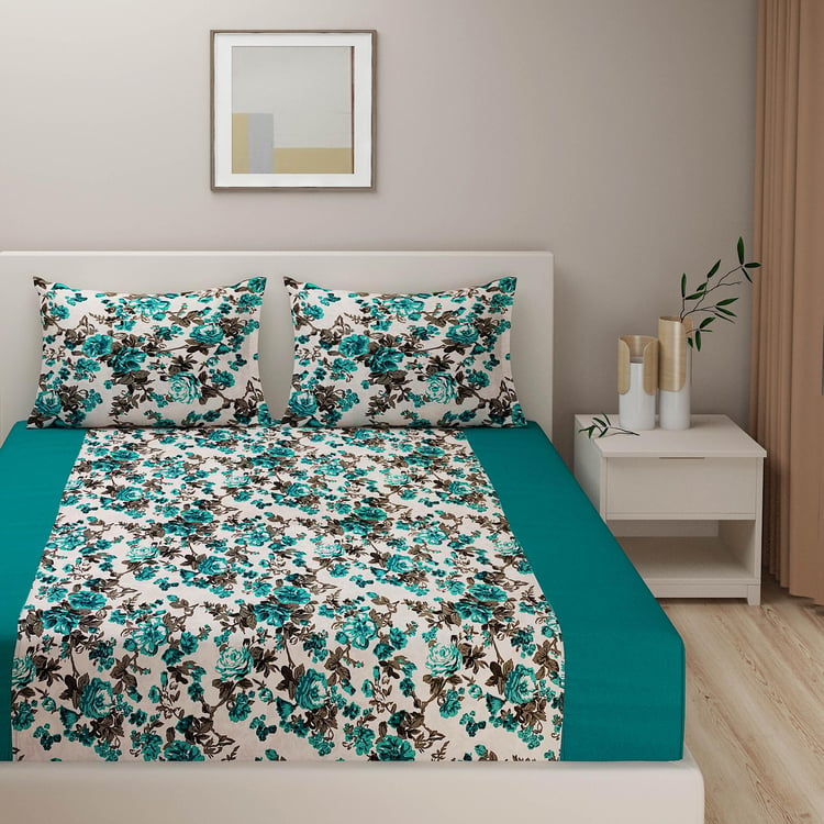 SWAYAM Teal Bloom Floral 200TC Cotton Queen Bedsheet Set