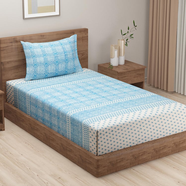 SWAYAM Azure Geometry 250TC Cotton 2Pcs Satin Single Bedsheet Set