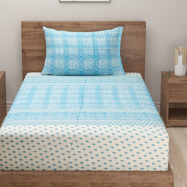 SWAYAM Azure Geometry 250TC Cotton 2Pcs Satin Single Bedsheet Set