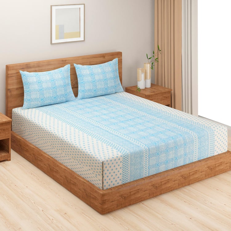SWAYAM Azure Geometry 250TC Cotton Satin Queen Bedsheet Set