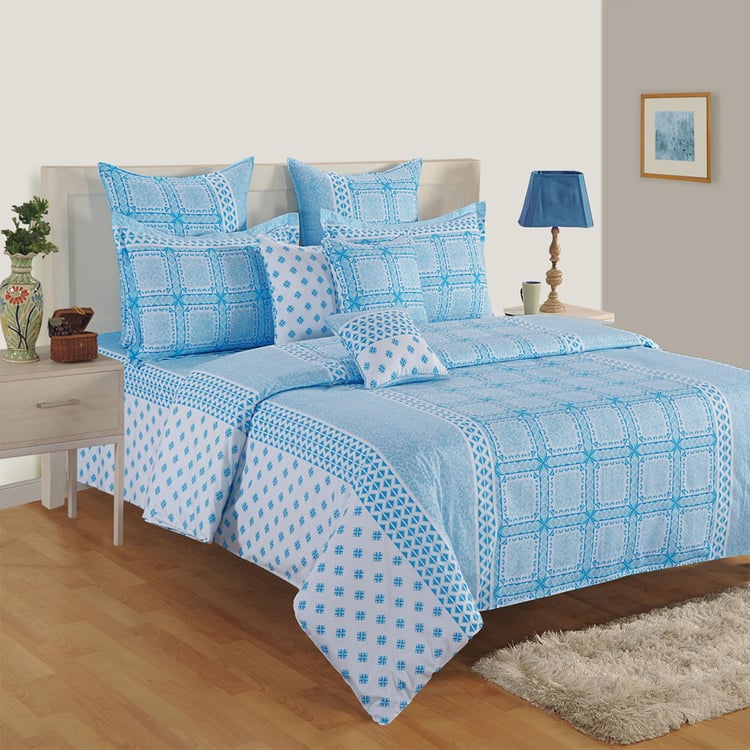 SWAYAM Azure Geometry 250TC Cotton Satin Queen Bedsheet Set