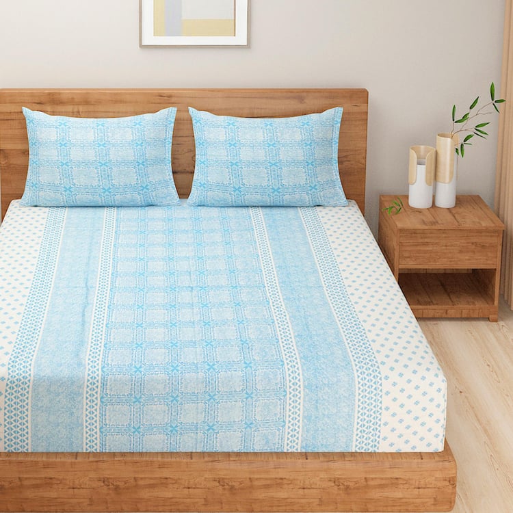 SWAYAM Azure Geometry 250TC Cotton Satin Queen Bedsheet Set