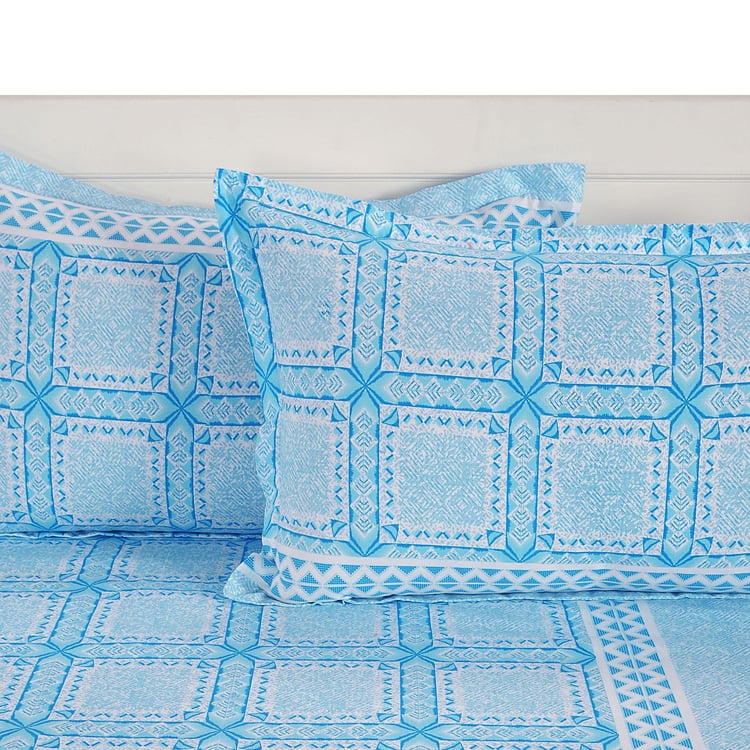 SWAYAM Azure Geometry 250TC Cotton Satin Queen Bedsheet Set