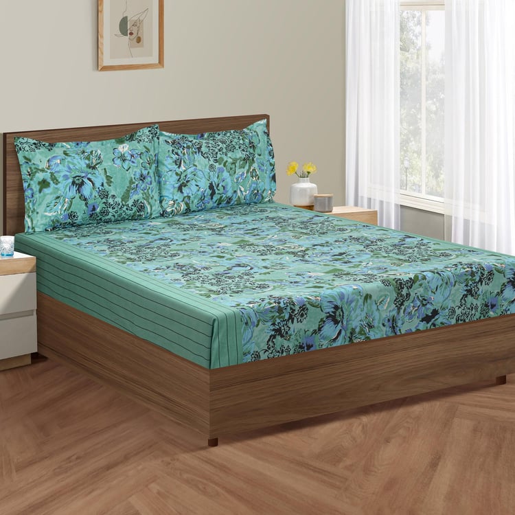 SWAYAM Aqua Florals 160TC Queen Bedsheet Set