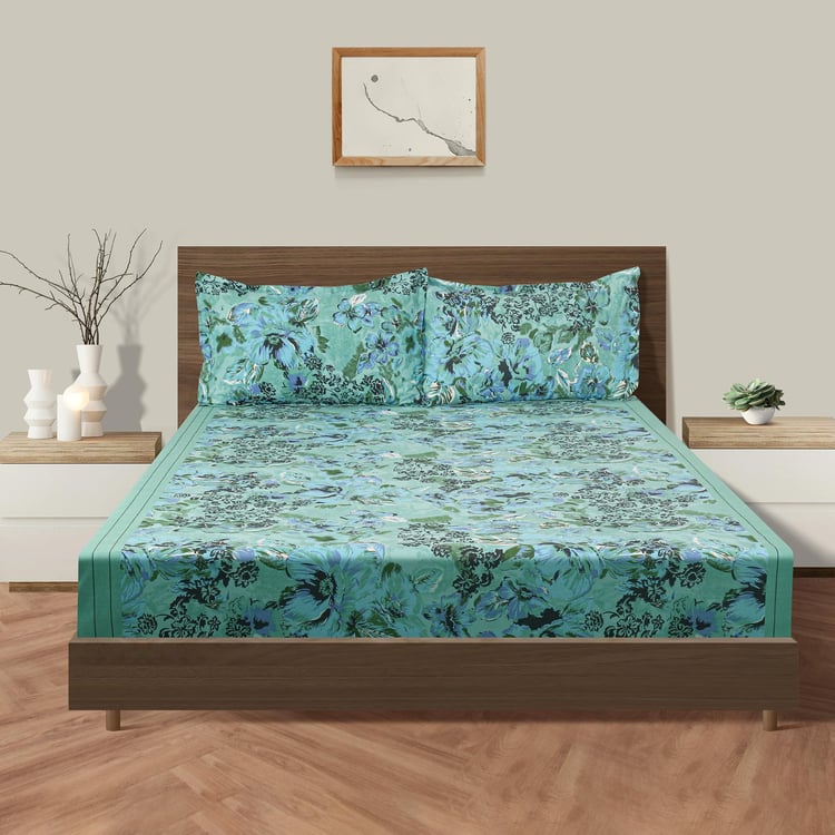 SWAYAM Aqua Florals 160TC Queen Bedsheet Set