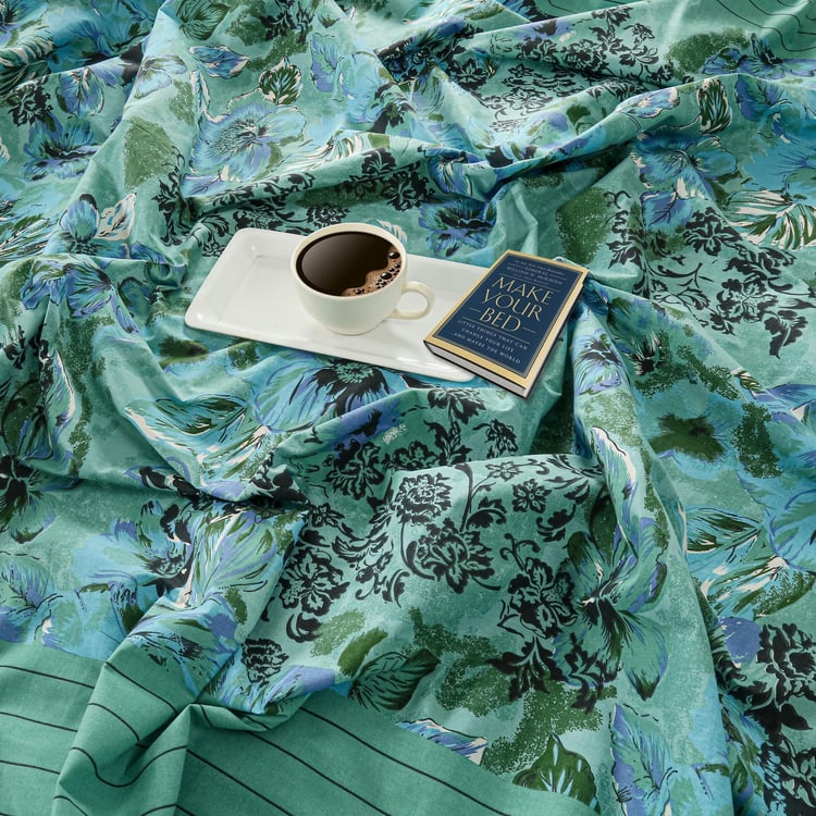 SWAYAM Aqua Florals 160TC Queen Bedsheet Set