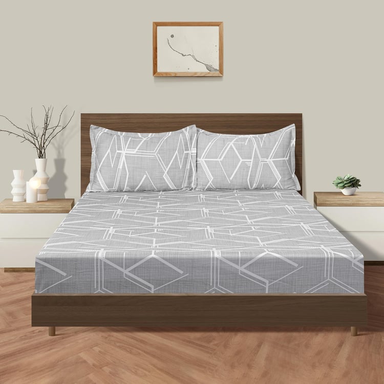 SWAYAM Urban Geometry 250TC Cotton Satin King Bedsheet Set